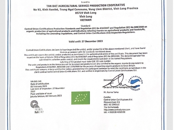 GIẤY CHỨNG NHẬN HỮU CƠ – CAM KẾT CHO CHẤT LƯỢNG TỰ NHIÊN